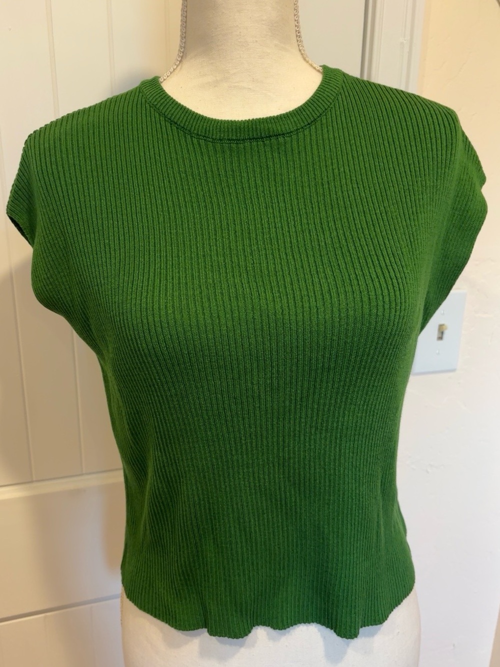 Samansa Mos2 Ribbed Knit Sweater Top Green Cap Sleeve Crewneck Cottagecore